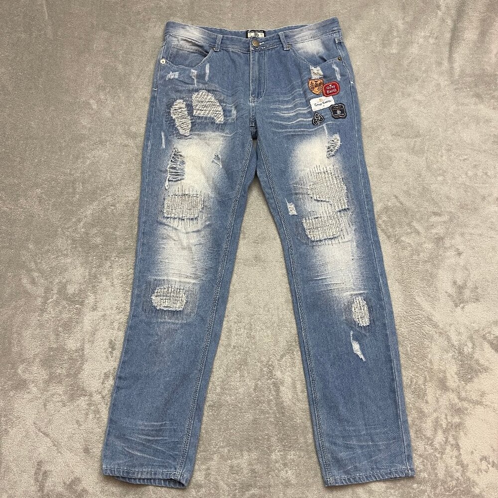 Gray Earth Men's Distressed Patch Faded Light Wash Regular Jeans Size 38